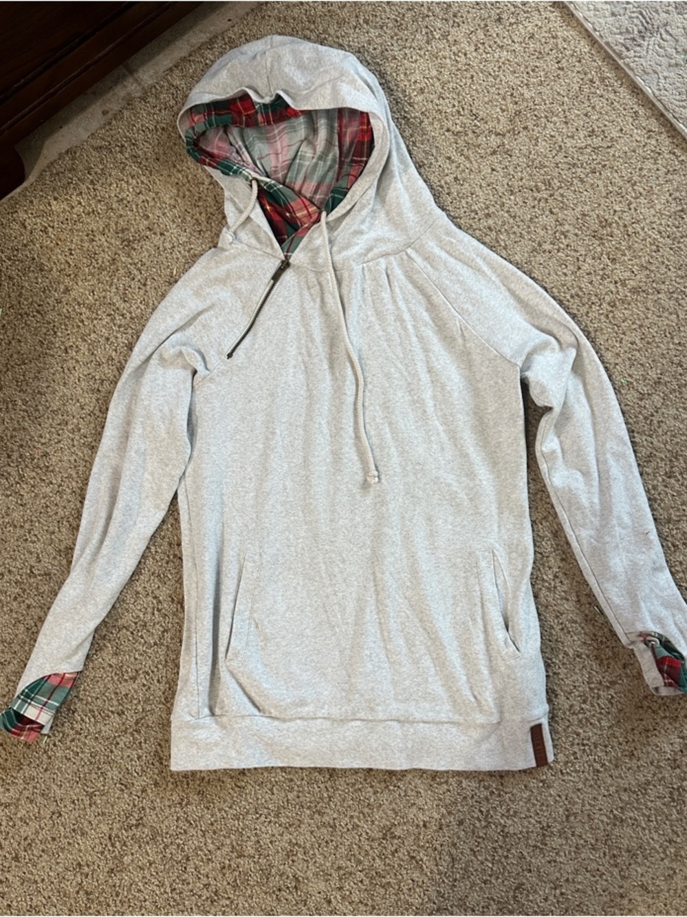 Light Gray Hoodie with Red Plaid Lined Hood